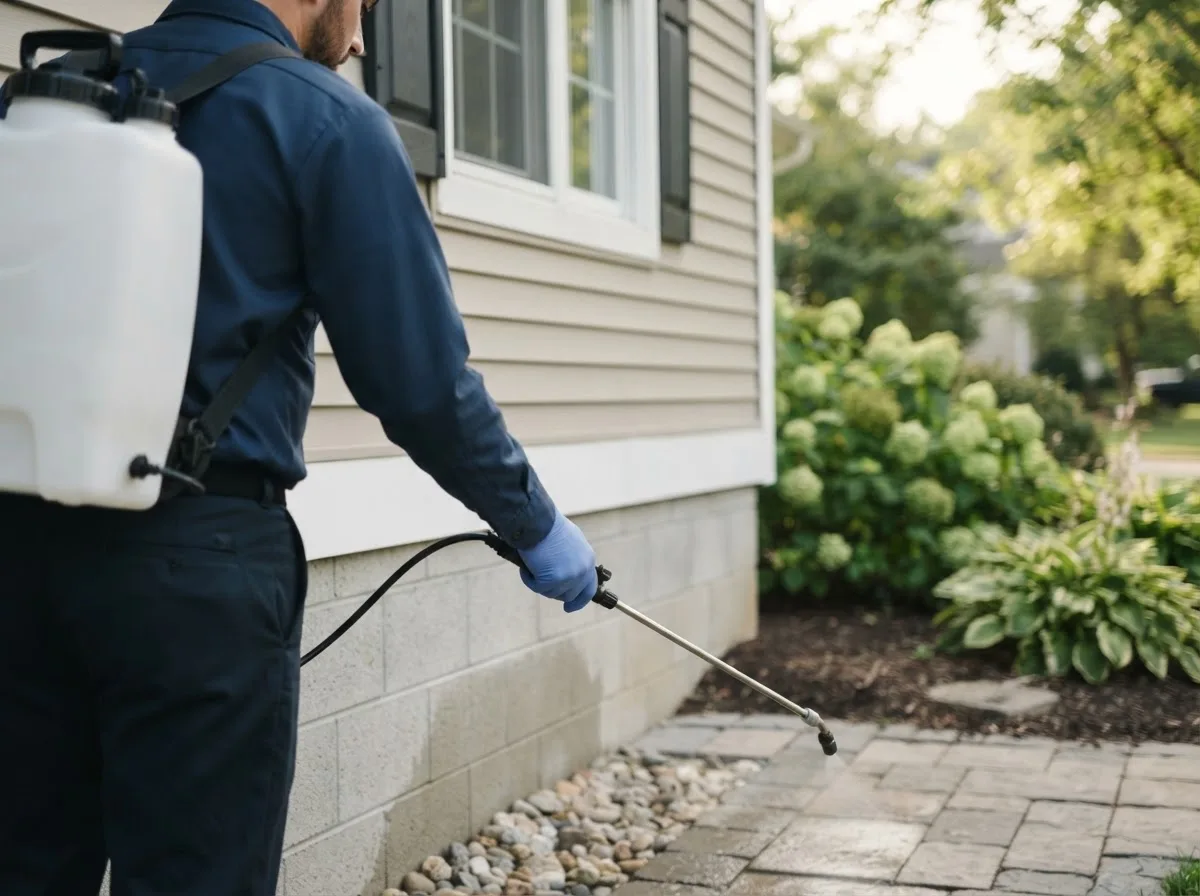 Pest control technician inspecting a home in Payne, OH